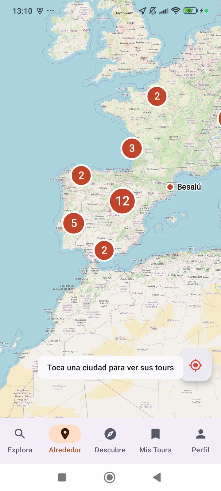 Mapa de la app con los destinos del catálogo de Ecos señalados.