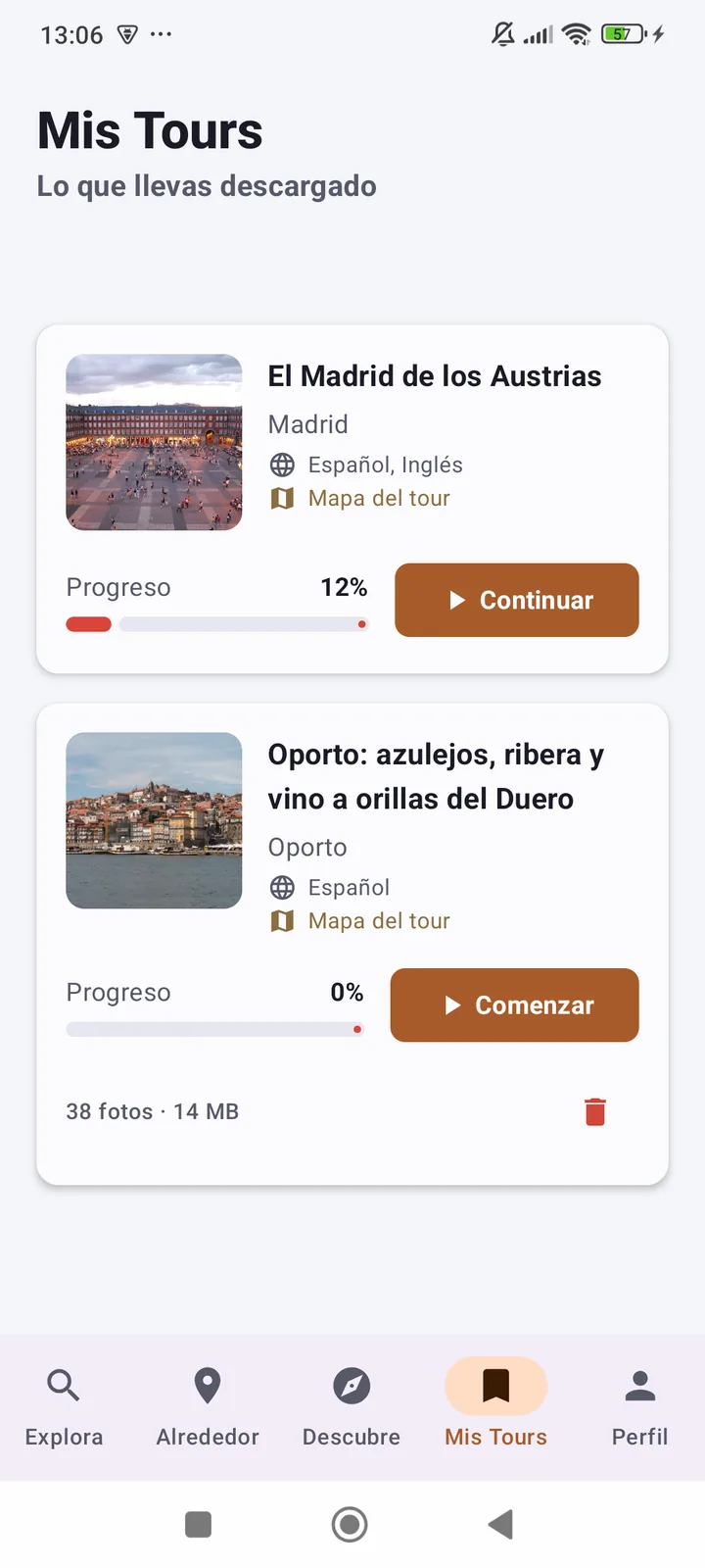 Pantalla de recorridos descargados en el móvil, disponibles sin conexión.